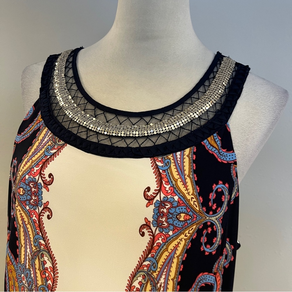 Roz & Ali‎ Elegant Multicolor sleeveless stretchy Paisley mini Dress size 14 - Picture 2 of 12